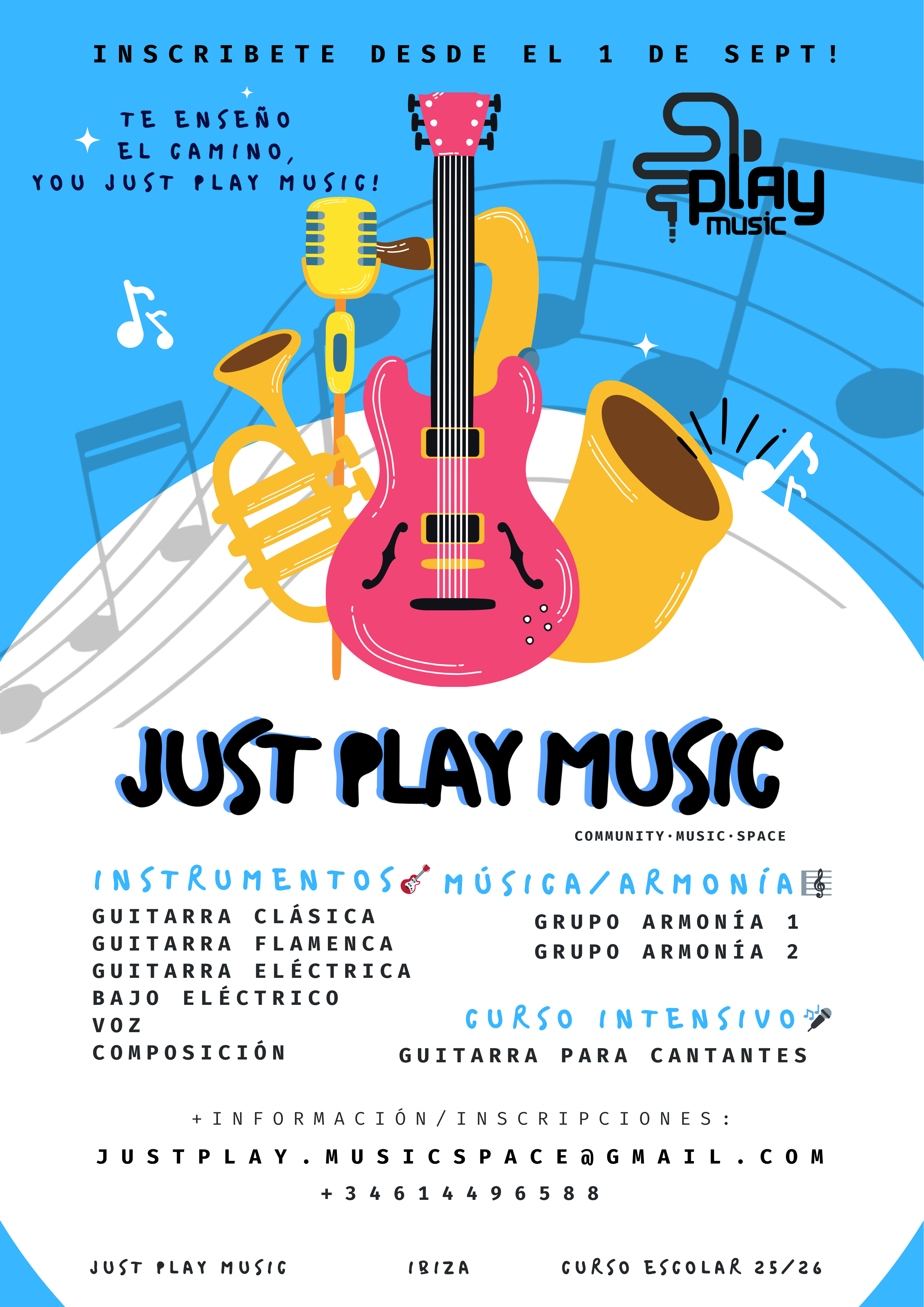 Cartel de Just Play Music, la escuela de música de Mar Sánchez en Ibiza